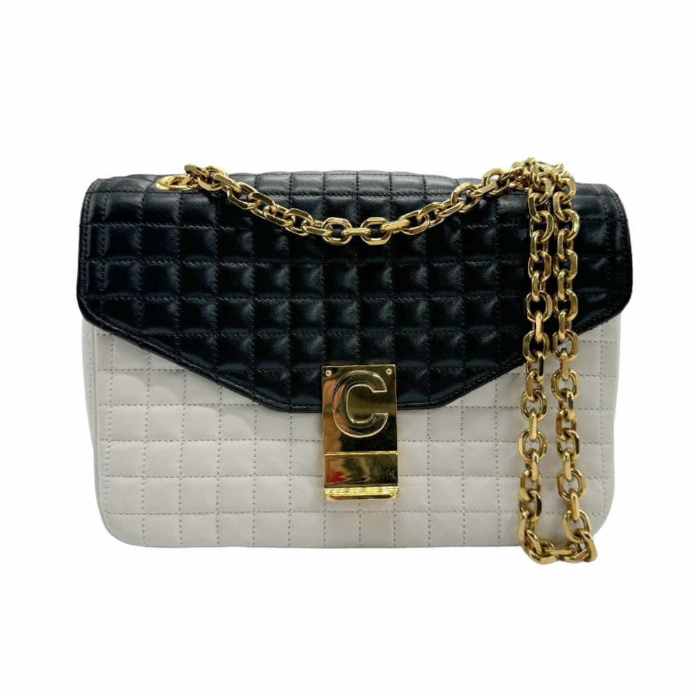 Celine Shoulder Bag C Leather Black White